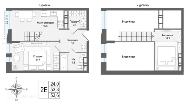 Планировка 2 комн. в ЖК Киноквартал