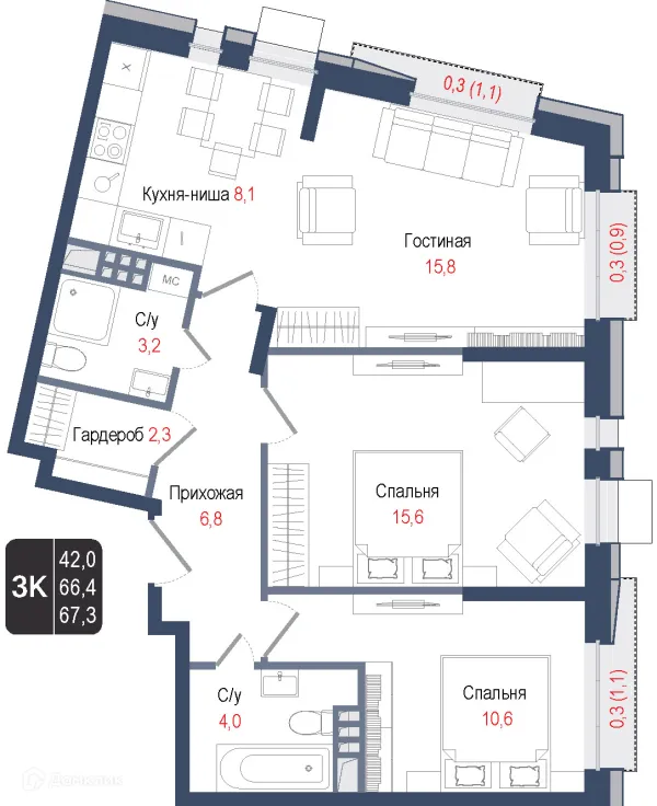Планировка 3 комн. в ЖК Киноквартал