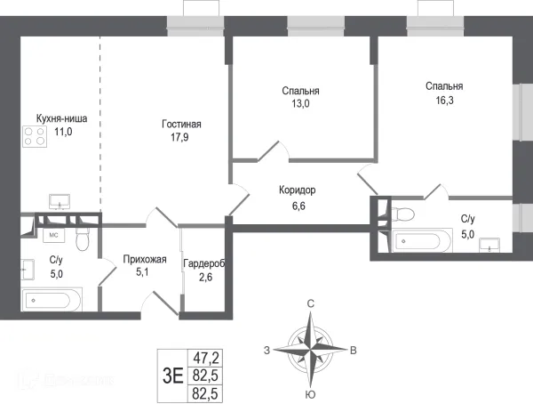 Планировка 3 комн. в ЖК Киноквартал