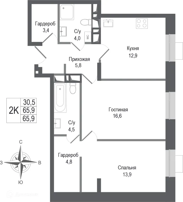 Планировка 2 комн. в ЖК Киноквартал