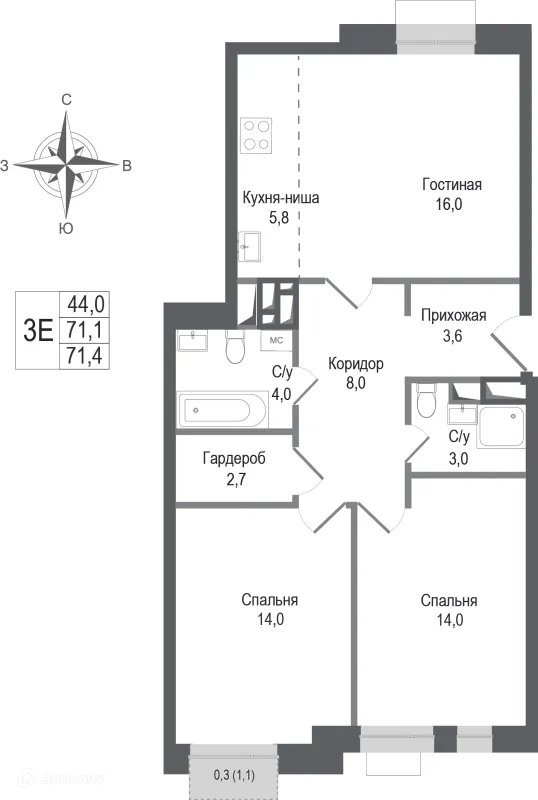 Планировка 3 комн. в ЖК Киноквартал