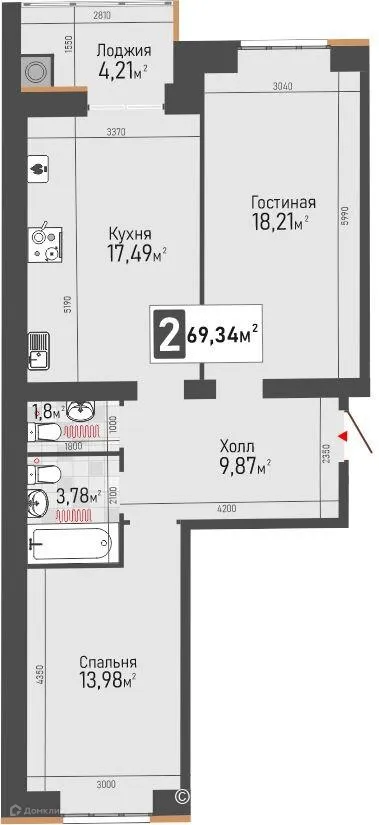 Планировка 2-комнатной квартиры 69.34 м² в ЖК Панорама, г. Рыбное — фото 2