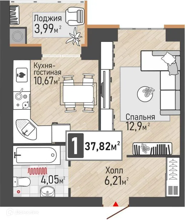 Планировка 1-комнатной квартиры 37.82 м² в ЖК Панорама, г. Рыбное — фото 1