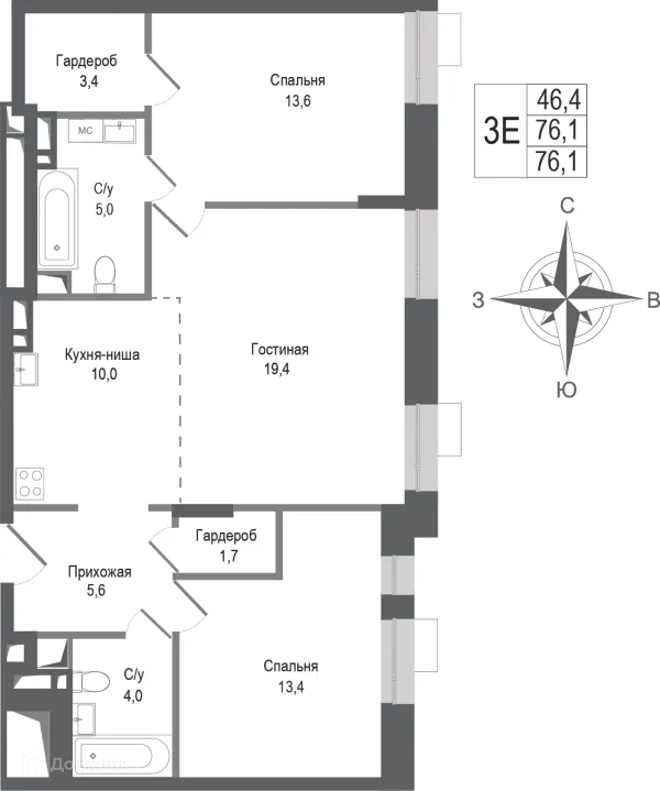 Планировка 3 комн. в ЖК Киноквартал