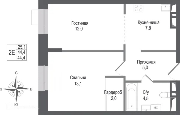 Планировка 2 комн. в ЖК Киноквартал