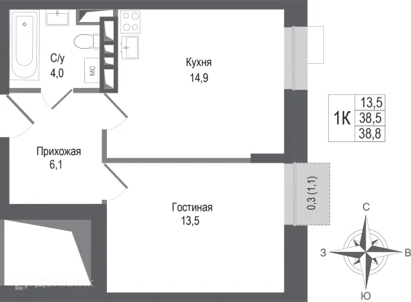 Планировка 1 комн. в ЖК Киноквартал