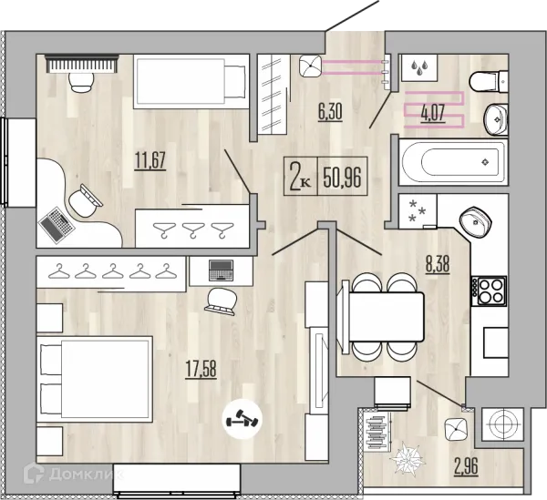 Планировка 2 комн. в ЖК Жилой Комплекс "Аист"