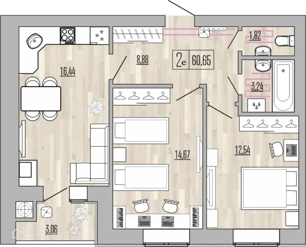 Планировка 2 комн. в ЖК Жилой Комплекс "Аист"