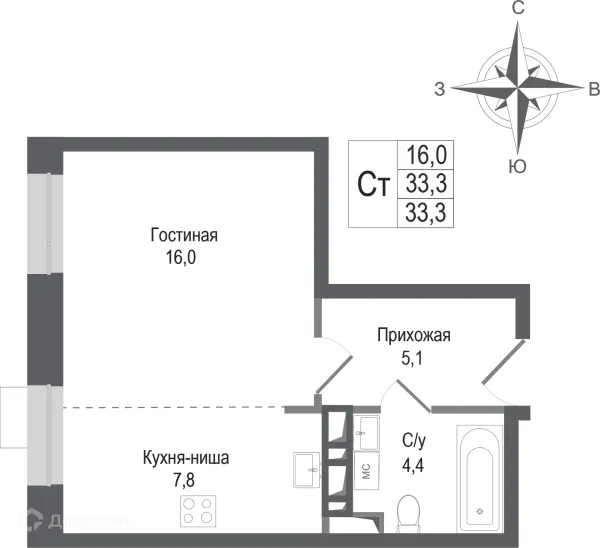 Планировка Студия в ЖК Киноквартал