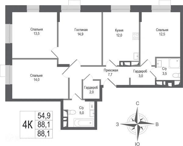 Планировка 4 комн. в ЖК Киноквартал