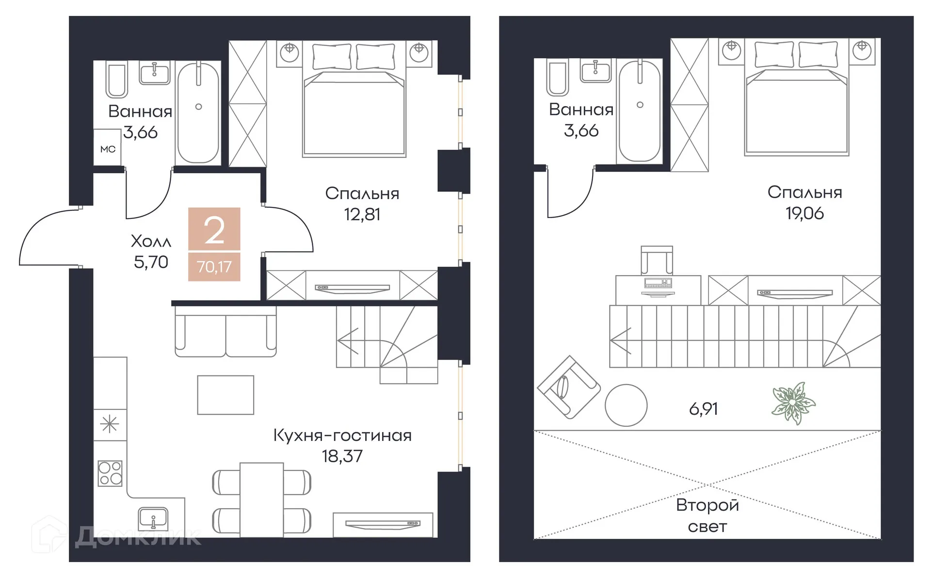 Планировка 2-комнатной квартиры 70.17 м² в ЖК Резиденция Поляна, г. Рязань — фото 3