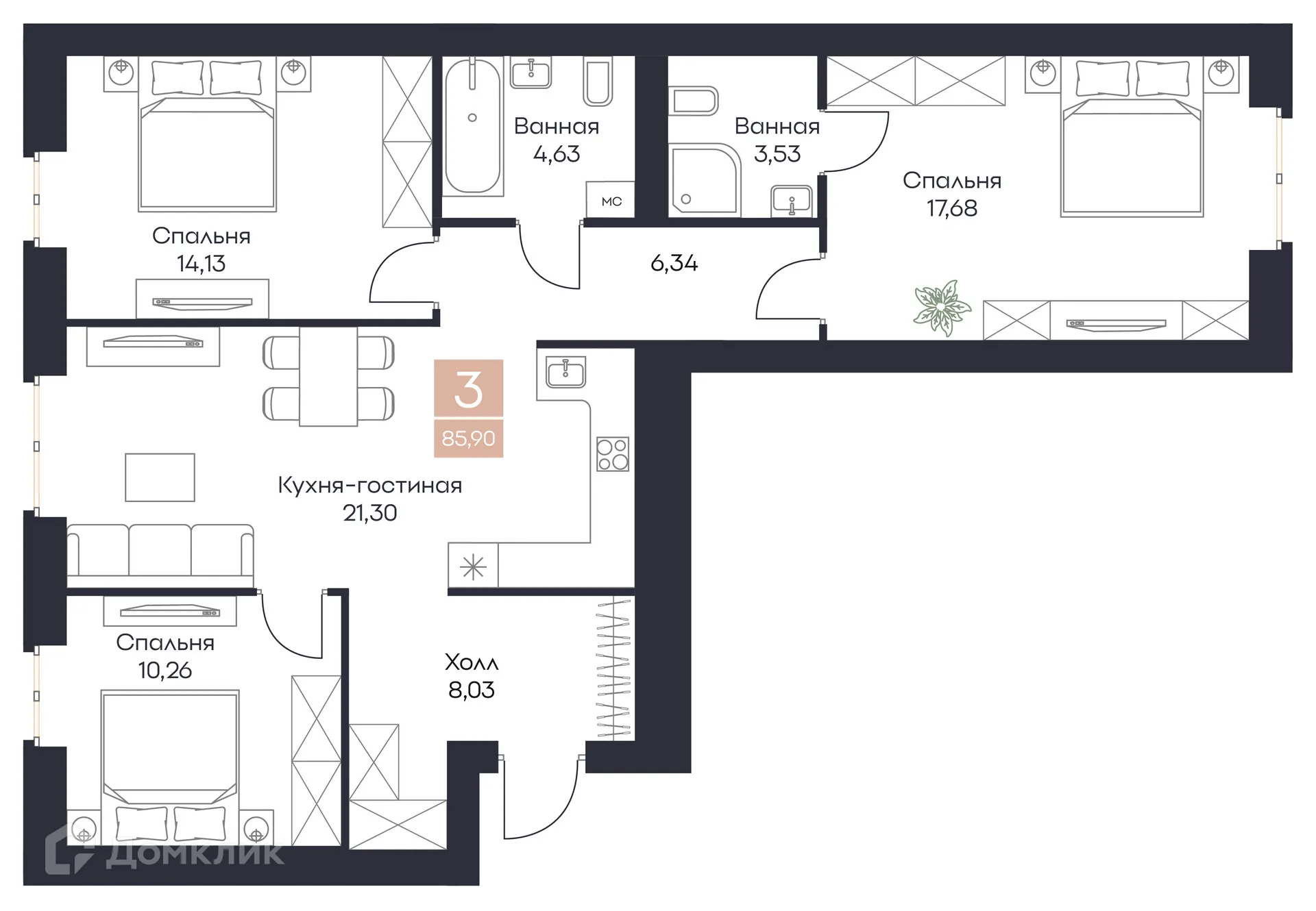 Планировка 3-комнатной квартиры 85.9 м² в ЖК Резиденция Поляна, г. Рязань — фото 7