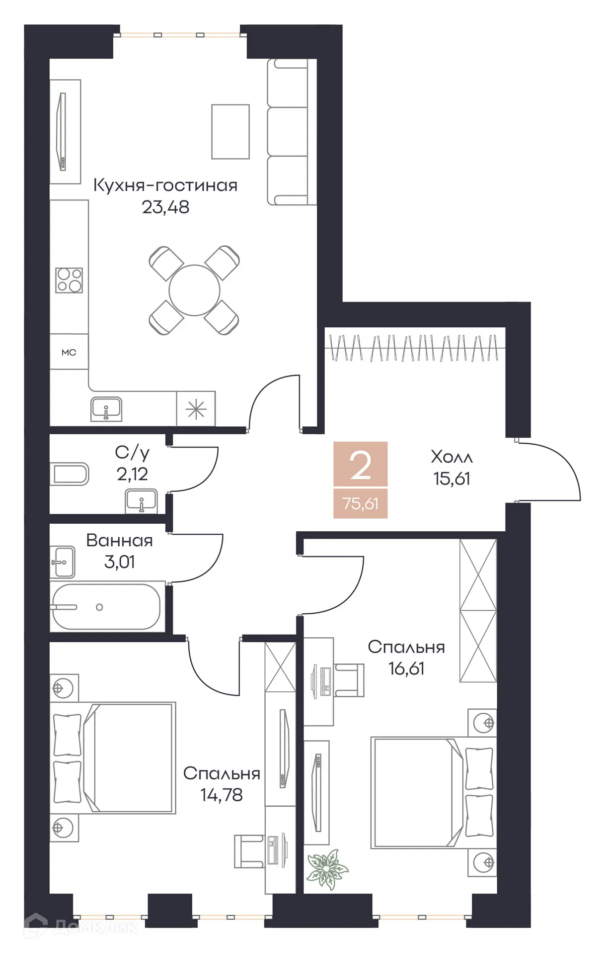 Планировка 2-комнатной квартиры 75.61 м² в ЖК Резиденция Поляна, г. Рязань — фото 7
