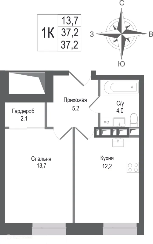 Планировка 1 комн. в ЖК Киноквартал