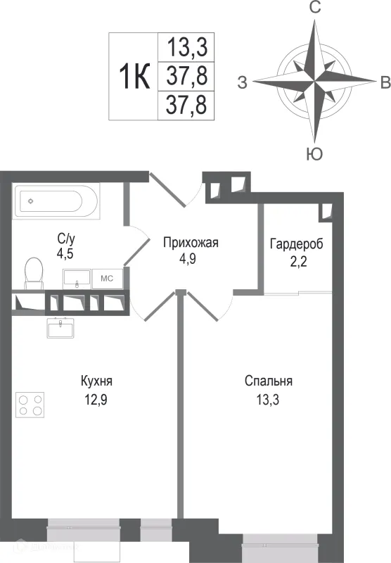 Планировка 1 комн. в ЖК Киноквартал
