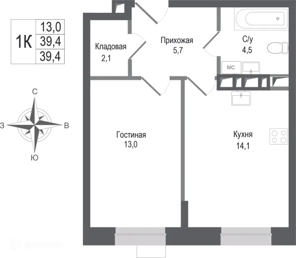Планировка 1 комн. в ЖК Киноквартал