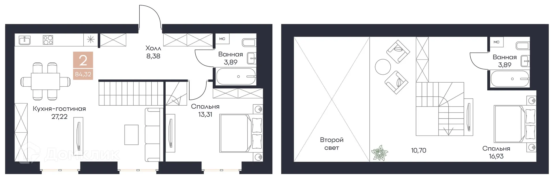 Планировка 2-комнатной квартиры 84.32 м² в ЖК Резиденция Поляна, г. Рязань — фото 3