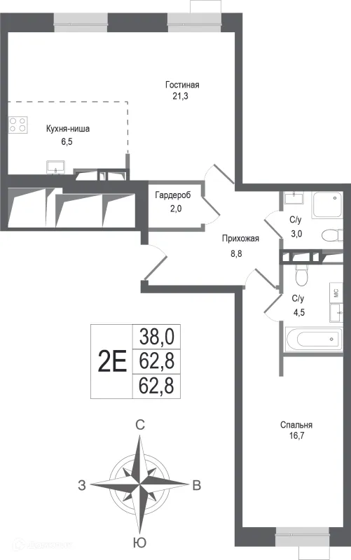 Планировка 2 комн. в ЖК Киноквартал