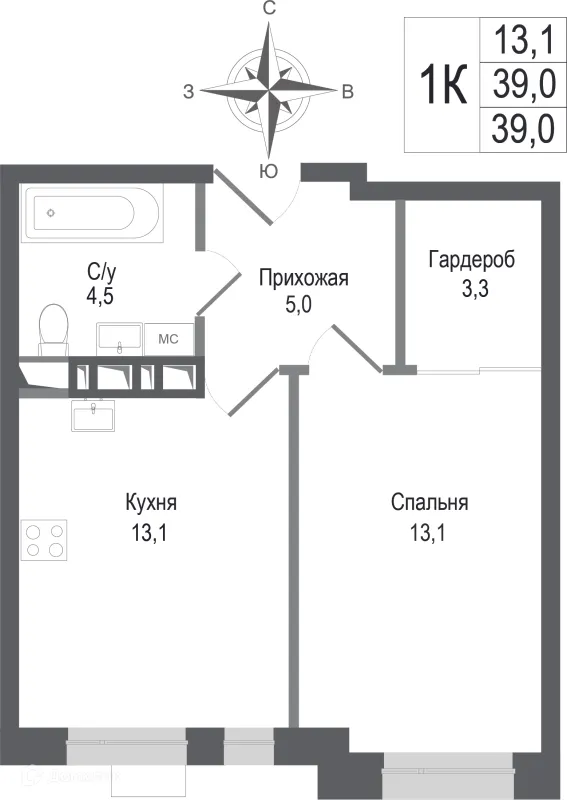 Планировка 1 комн. в ЖК Киноквартал
