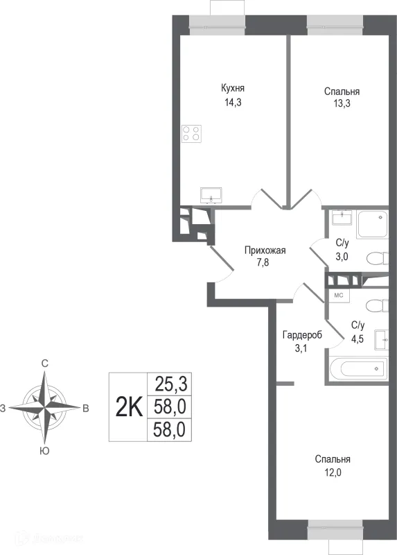 Планировка 2 комн. в ЖК Киноквартал
