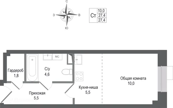 Планировка Студия в ЖК Киноквартал