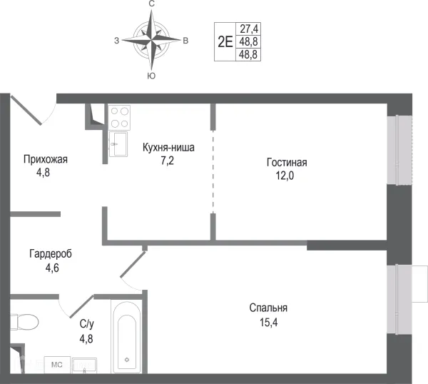 Планировка 2 комн. в ЖК Киноквартал