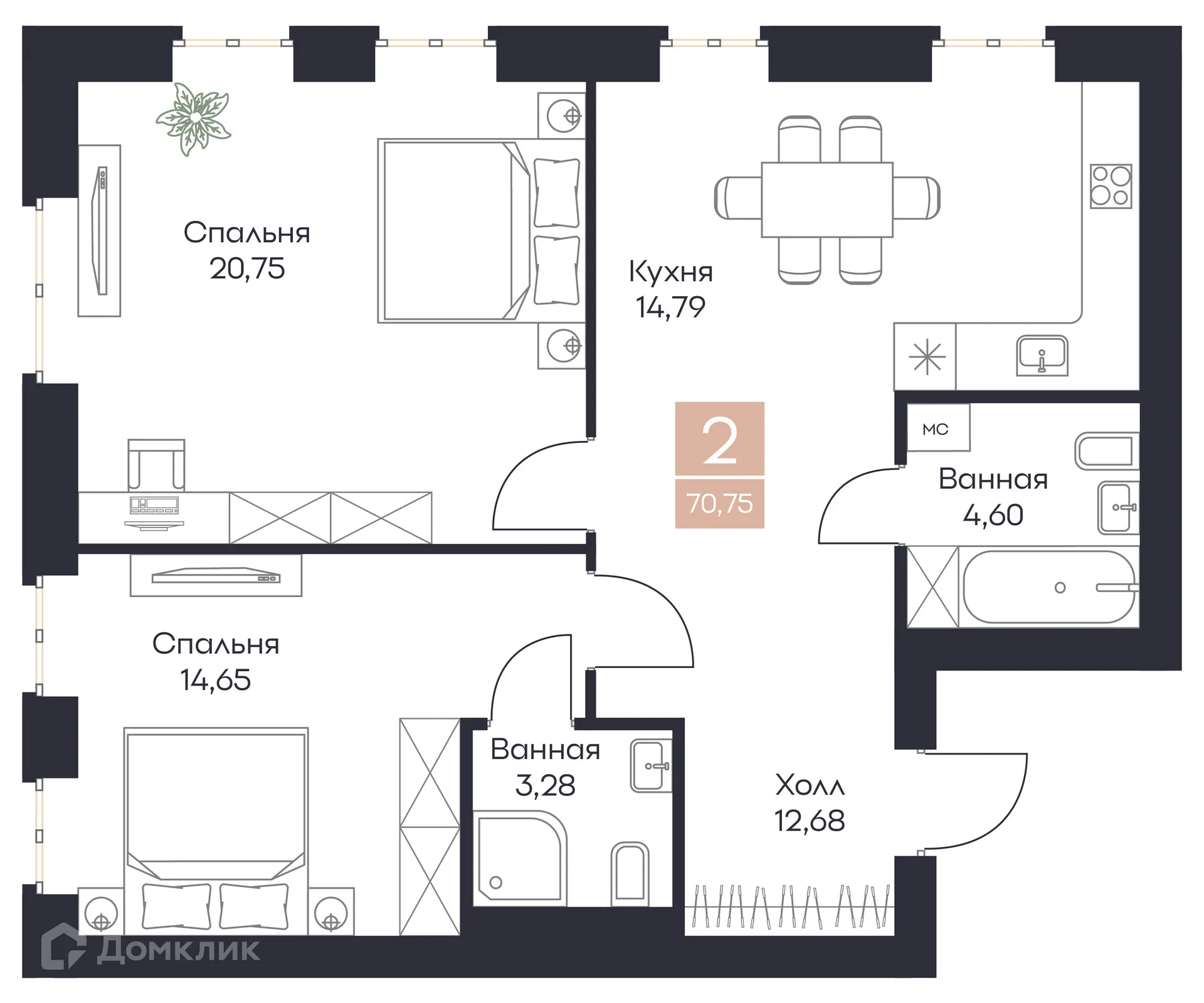 Планировка 2-комнатной квартиры 70.75 м² в ЖК Резиденция Поляна, г. Рязань — фото 7