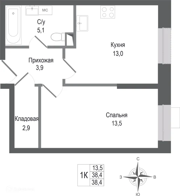 Планировка 1 комн. в ЖК Киноквартал