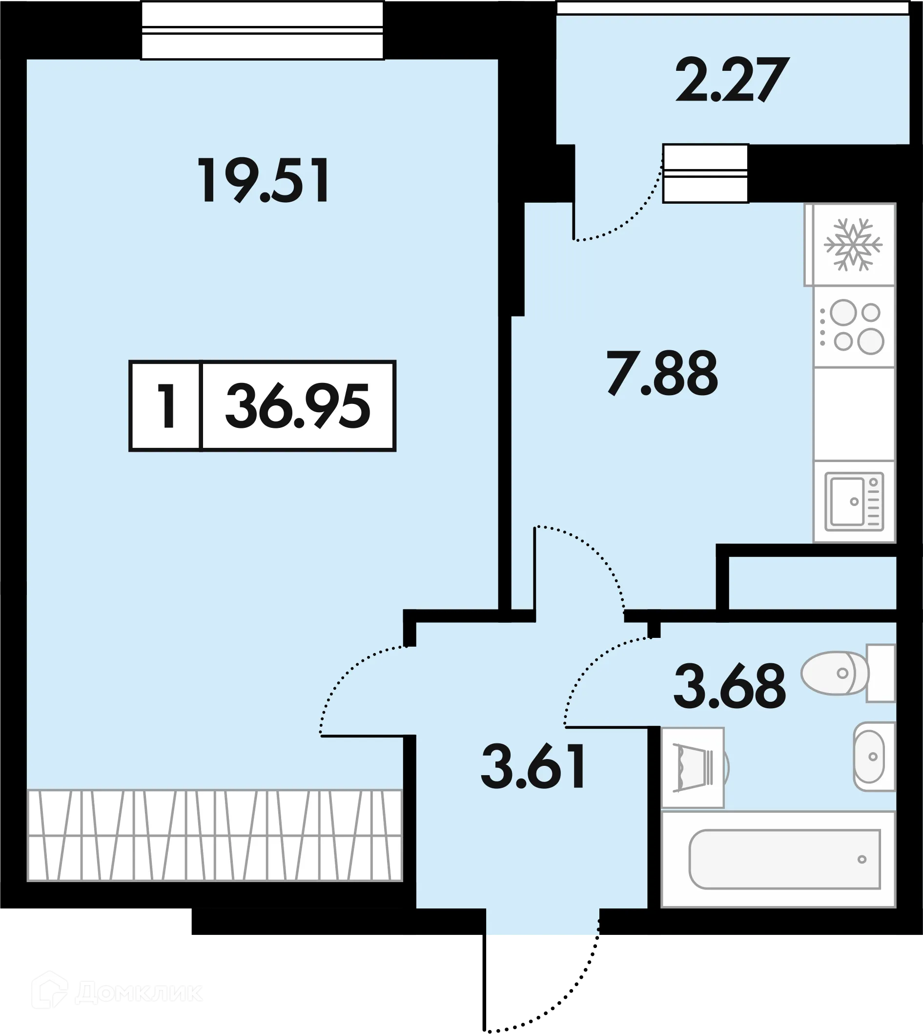 Планировка 1-комнатной квартиры 36.9 м² в ЖК Окские просторы, г. Рязань — фото 1