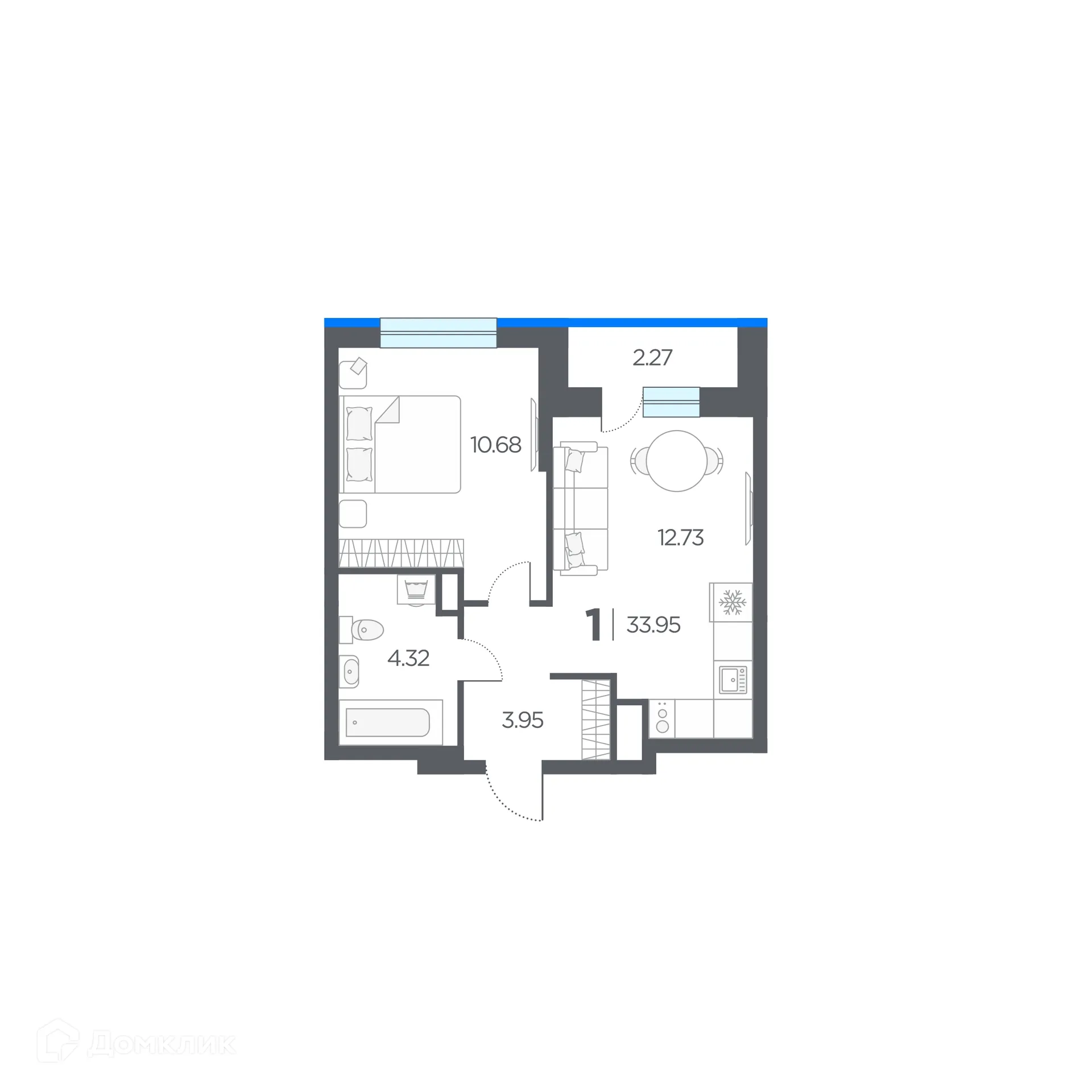 Планировка 1-комнатной квартиры 33.95 м² в ЖК Окские просторы, г. Рязань — фото 1
