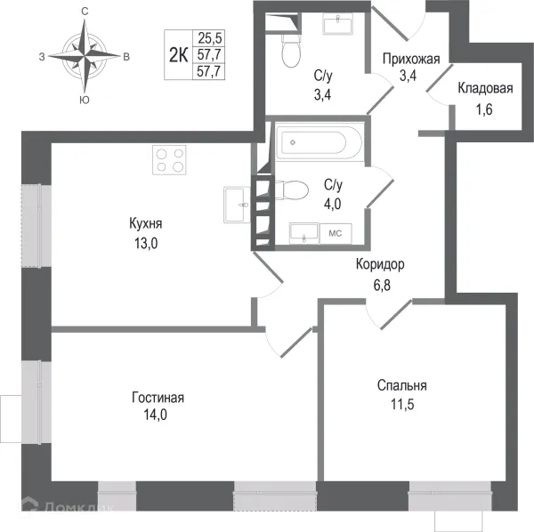 Планировка 2 комн. в ЖК Киноквартал