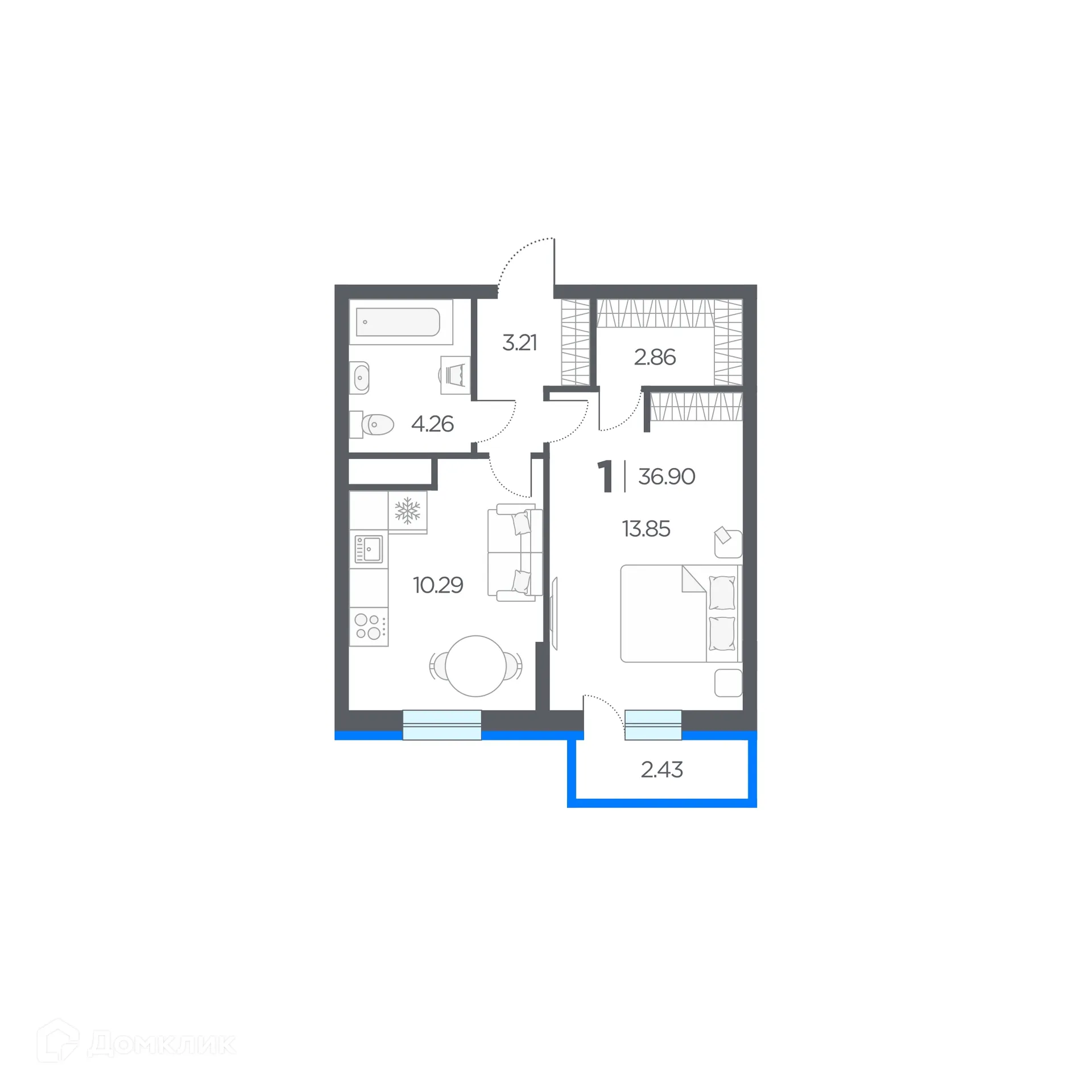 Планировка 1-комнатной квартиры 36.9 м² в ЖК Окские просторы, г. Рязань — фото 3