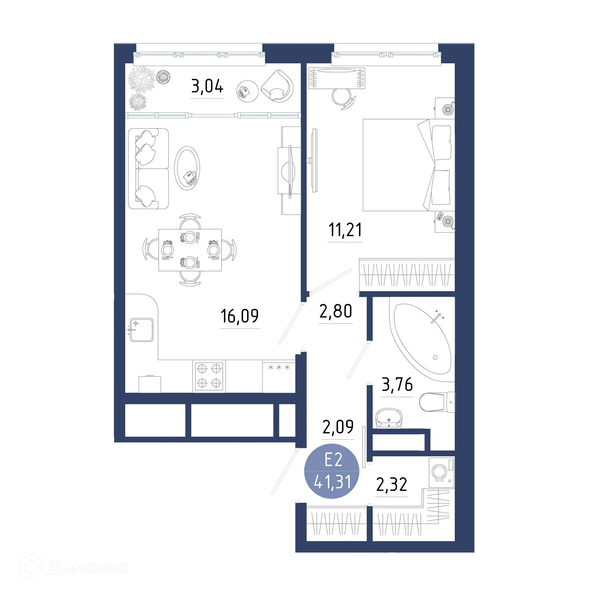 Планировка 1-комнатной квартиры 41.31 м² в ЖК Бульвар оптимистов, г. Дядьково — фото 4