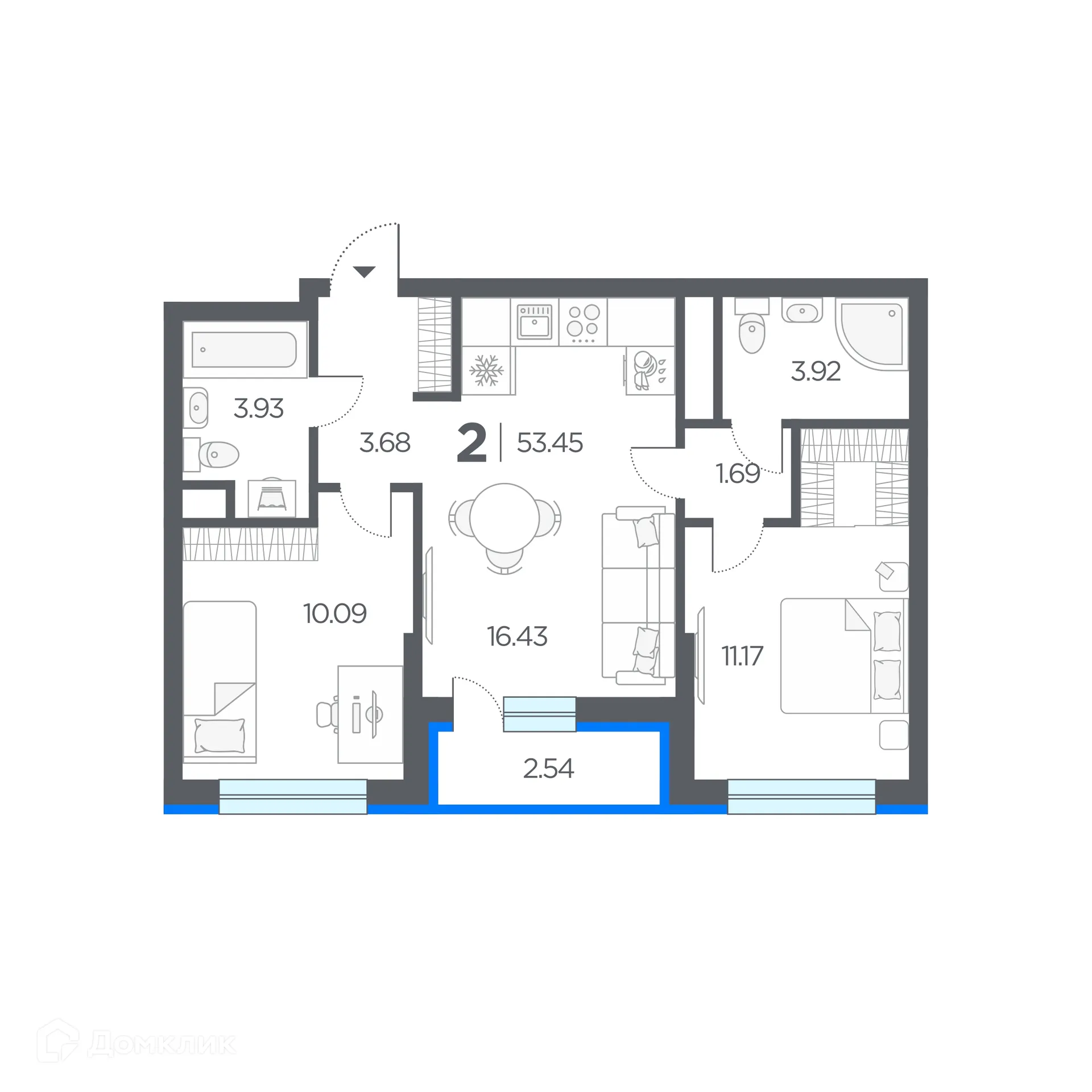 Планировка 2-комнатной квартиры 53.45 м² в ЖК Шереметьевский квартал, г. Дядьково — фото 3