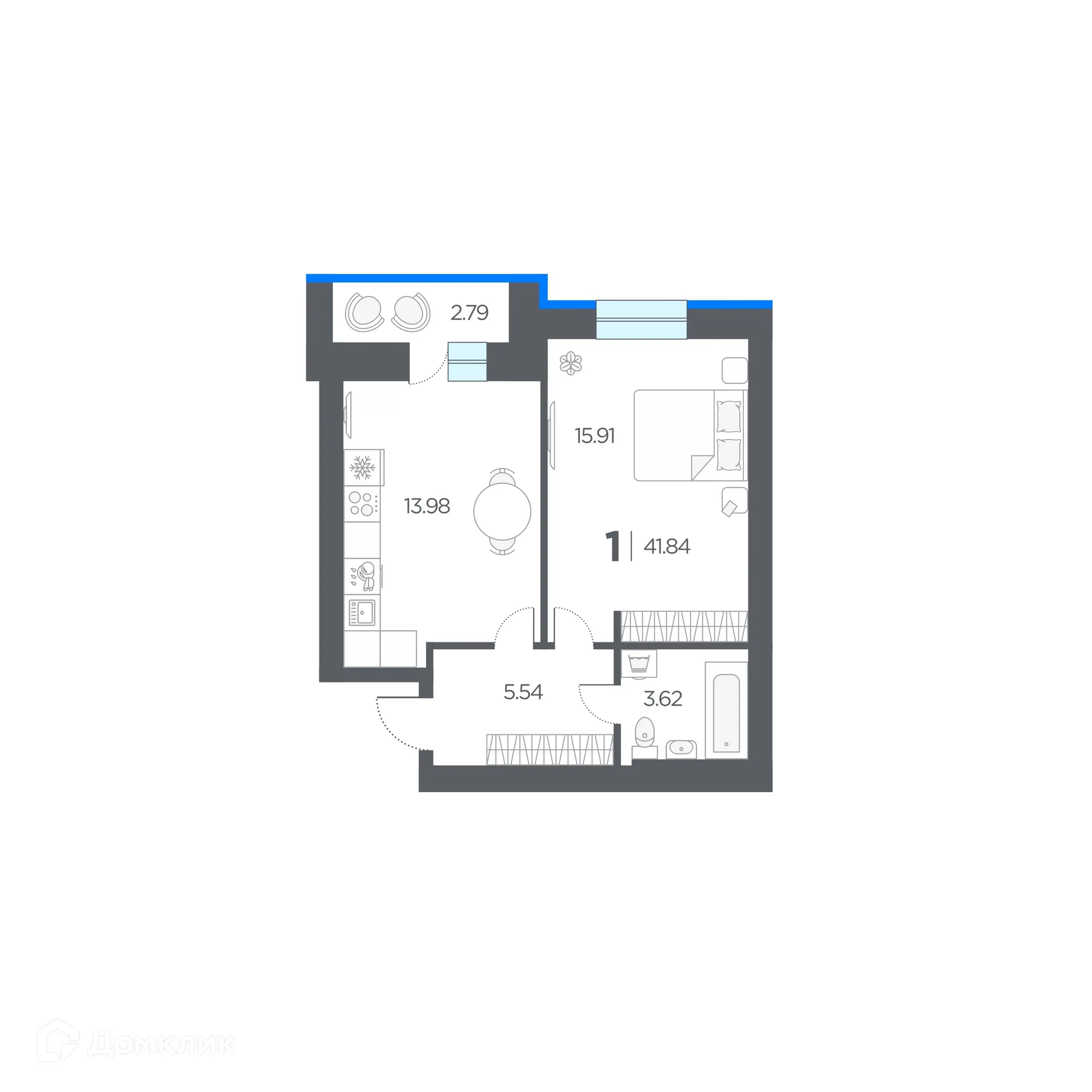 Планировка 1-комнатной квартиры 41.84 м² в ЖК ОГНИ, г. Дядьково — фото 3