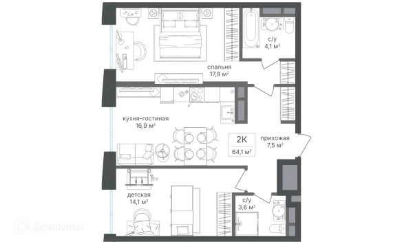 Планировка 2 комн. в ЖК Семеновский парк-2