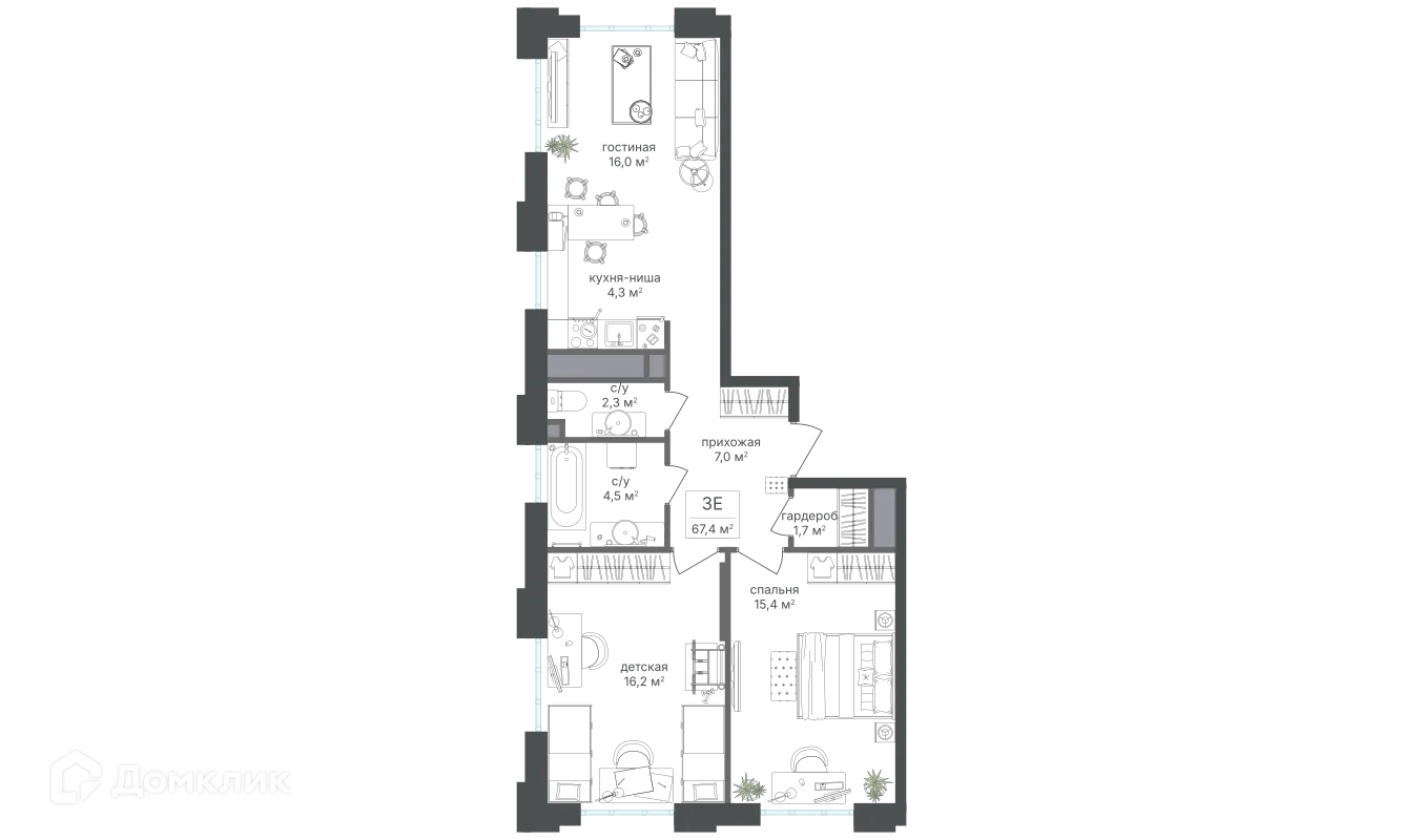Планировка 3-комнатной квартиры 67.9 м² в ЖК Михалковский, г. Москва — фото 1