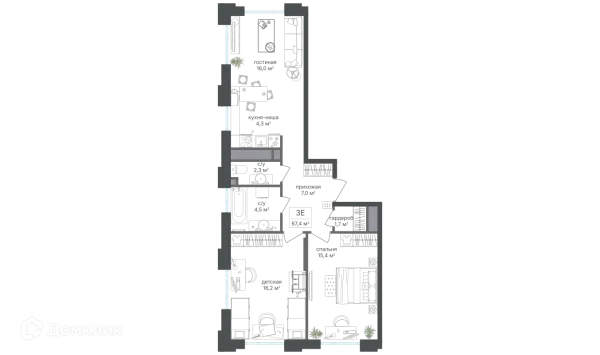 Планировка 3 комн. в ЖК Михалковский