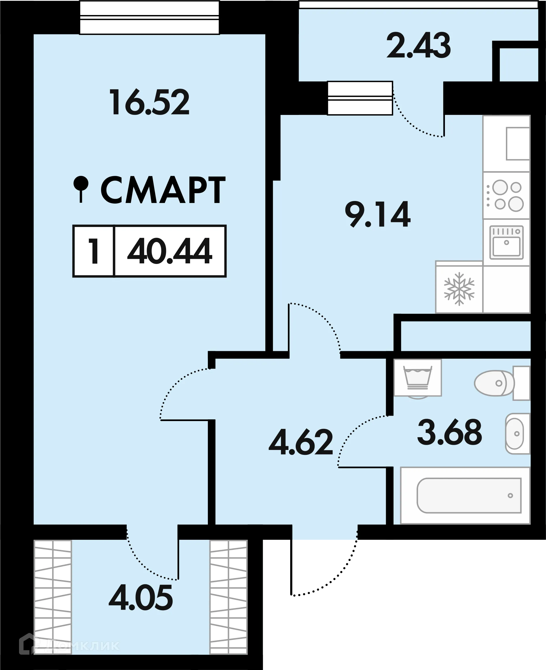 Планировка 1-комнатной квартиры 40.8 м² в ЖК Окские просторы, г. Рязань — фото 3