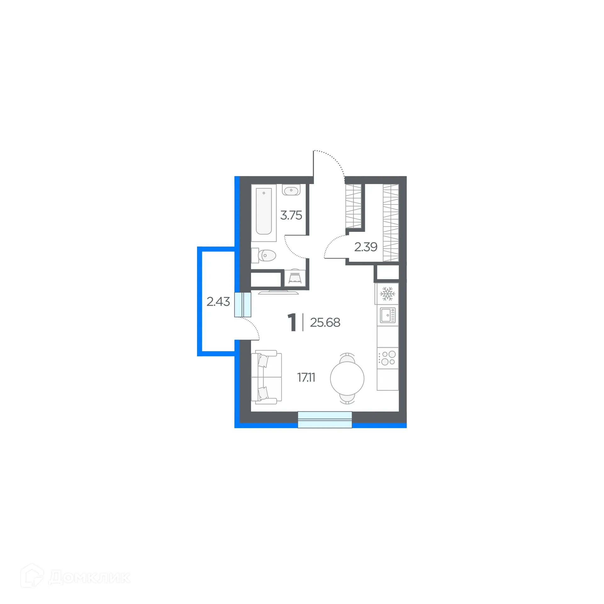 Планировка студии квартиры 25.68 м² в ЖК Окские просторы, г. Рязань — фото 5