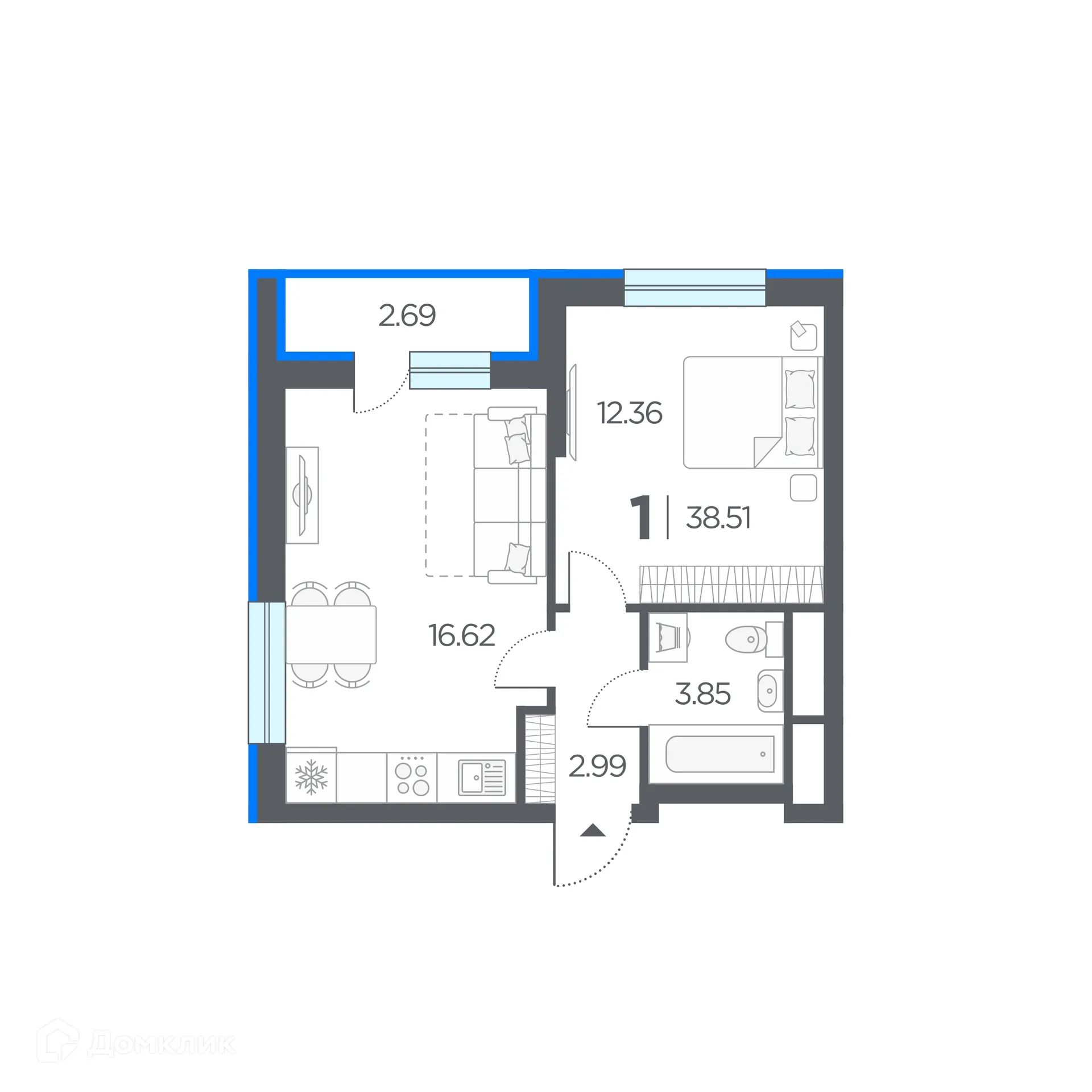 Планировка 1-комнатной квартиры 38.51 м² в ЖК Новые горизонты, г. Дядьково — фото 5