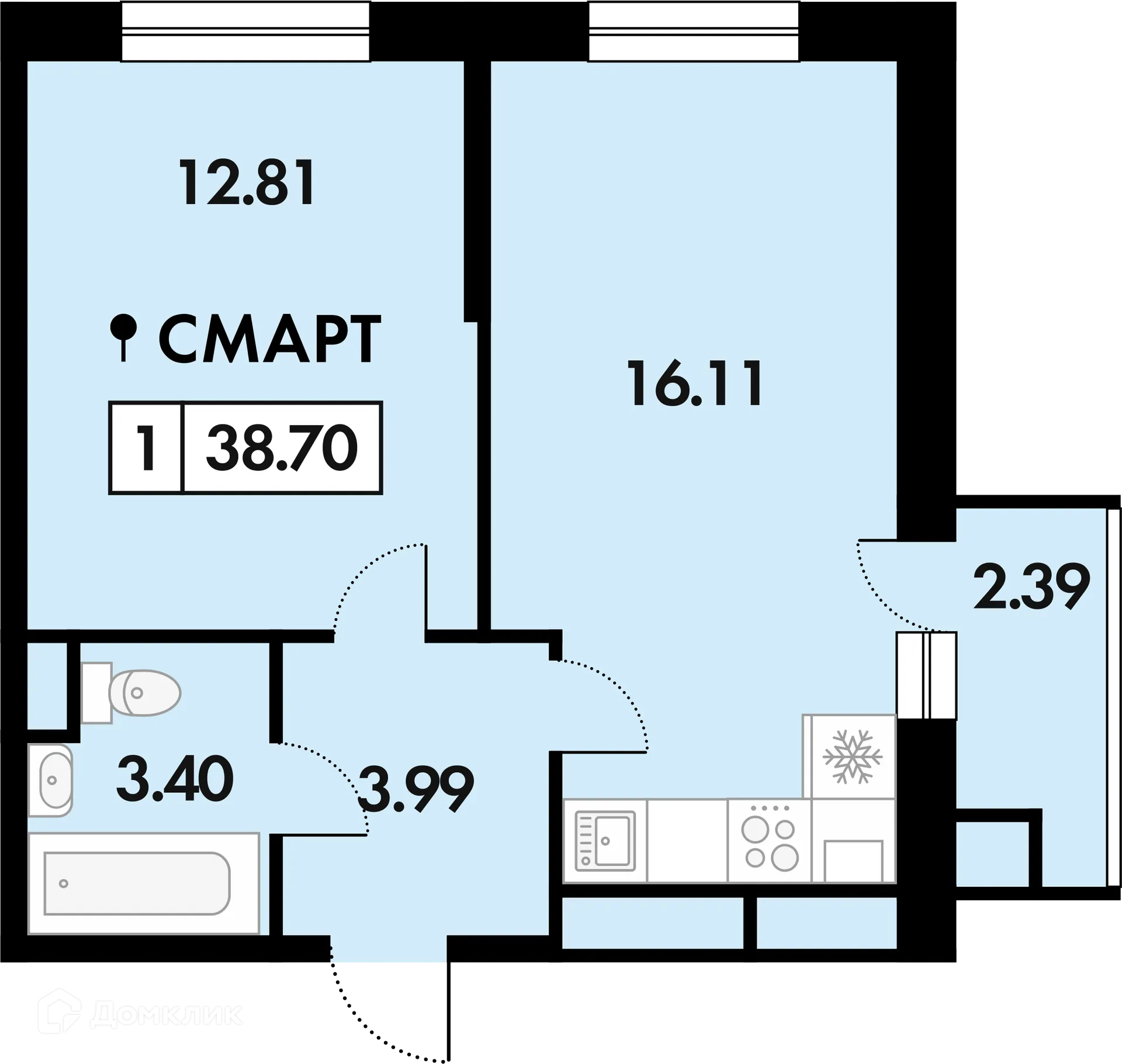 Планировка 1-комнатной квартиры 38.4 м² в ЖК Окские просторы, г. Рязань — фото 3