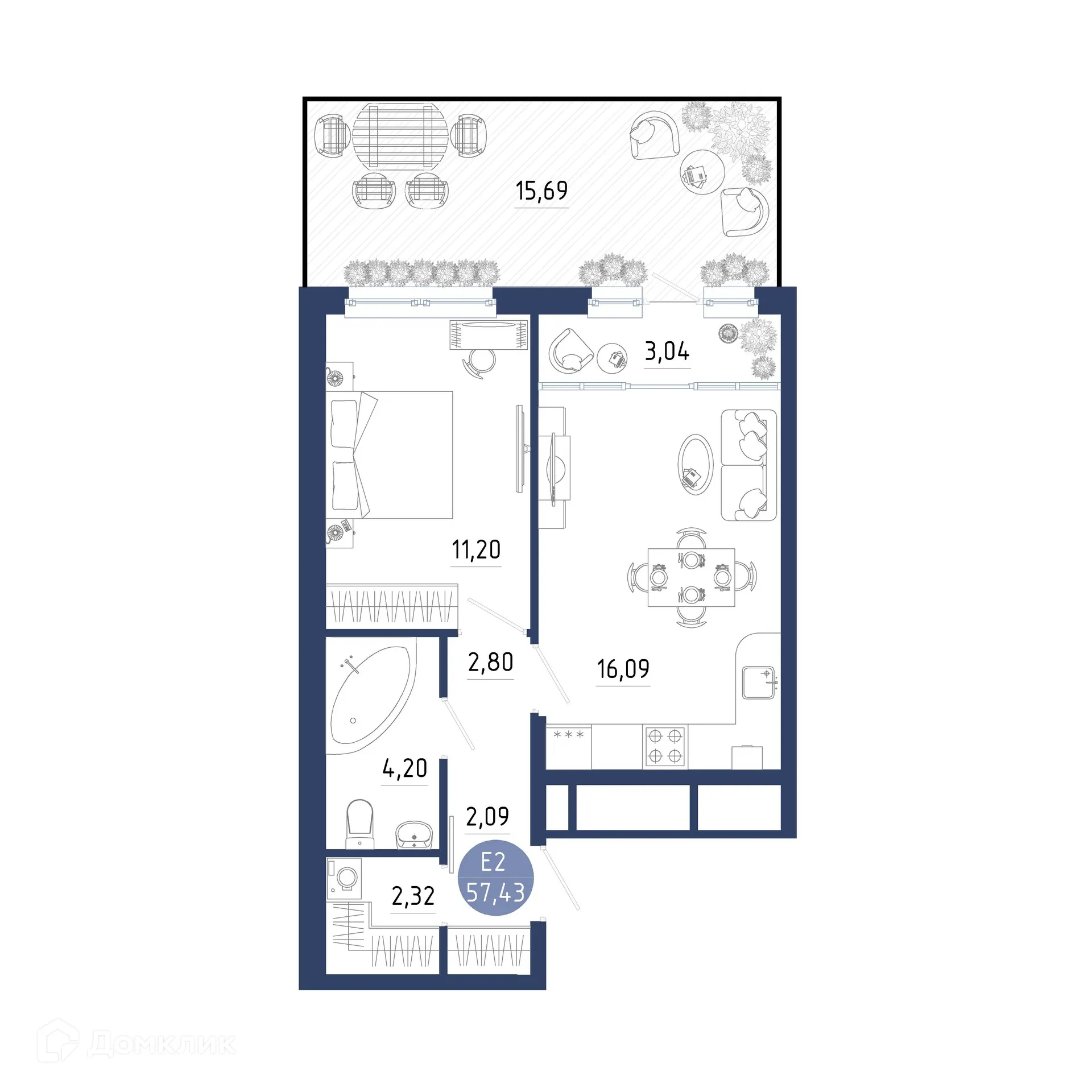 Планировка 1-комнатной квартиры 57.43 м² в ЖК Бульвар оптимистов, г. Дядьково — фото 25