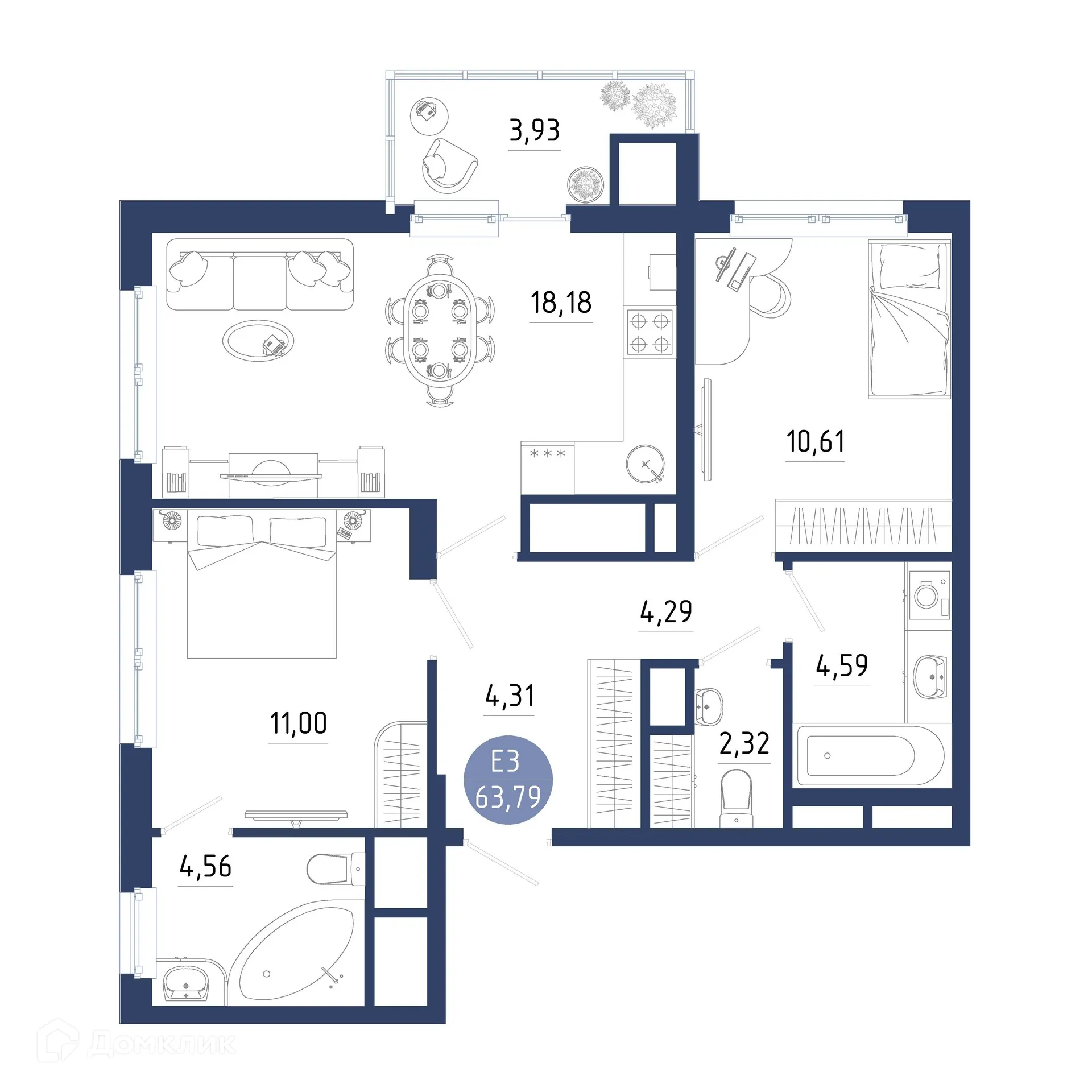 Планировка 2-комнатной квартиры 63.79 м² в ЖК Бульвар оптимистов, г. Дядьково — фото 22