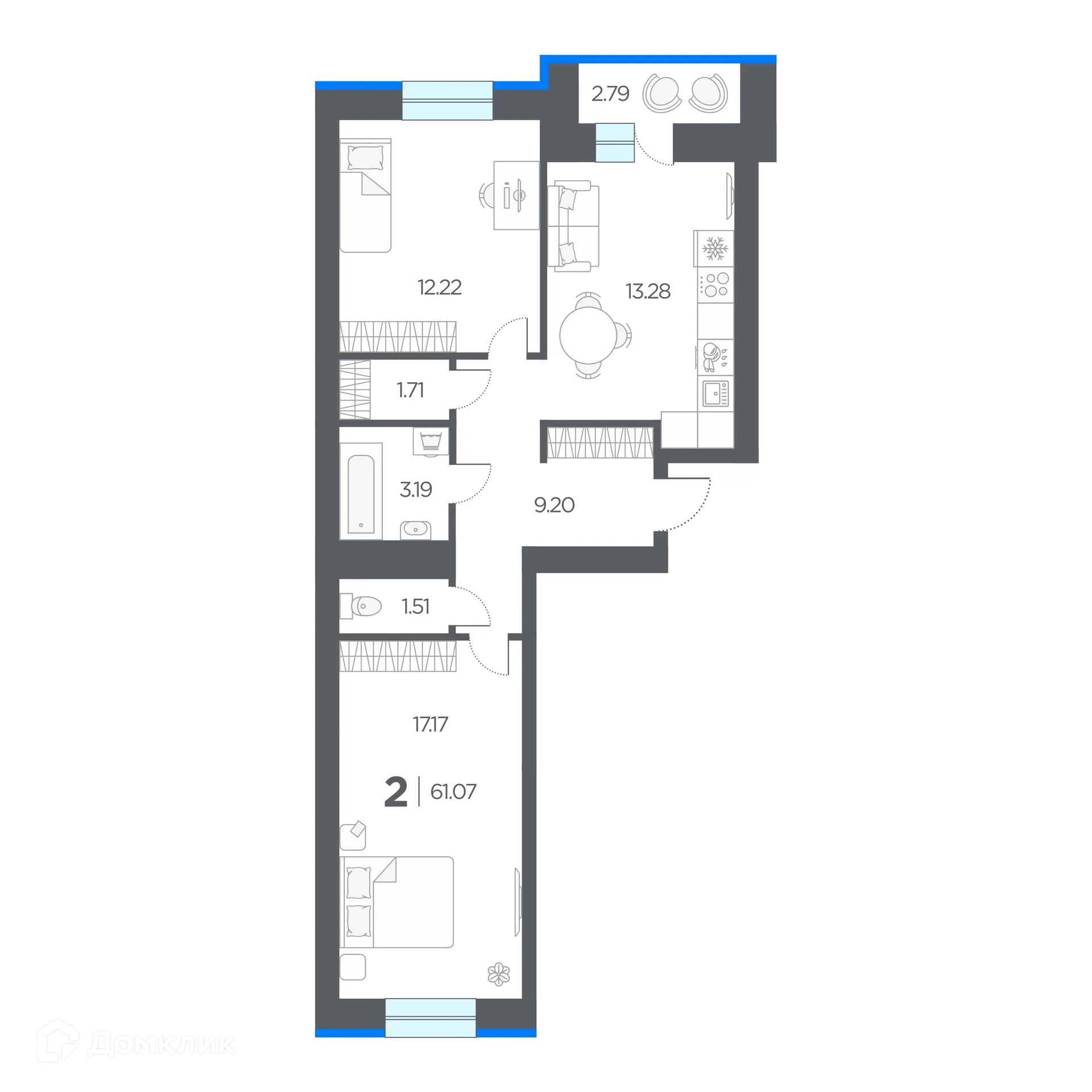 Планировка 2-комнатной квартиры 61.07 м² в ЖК ОГНИ, г. Дядьково — фото 4