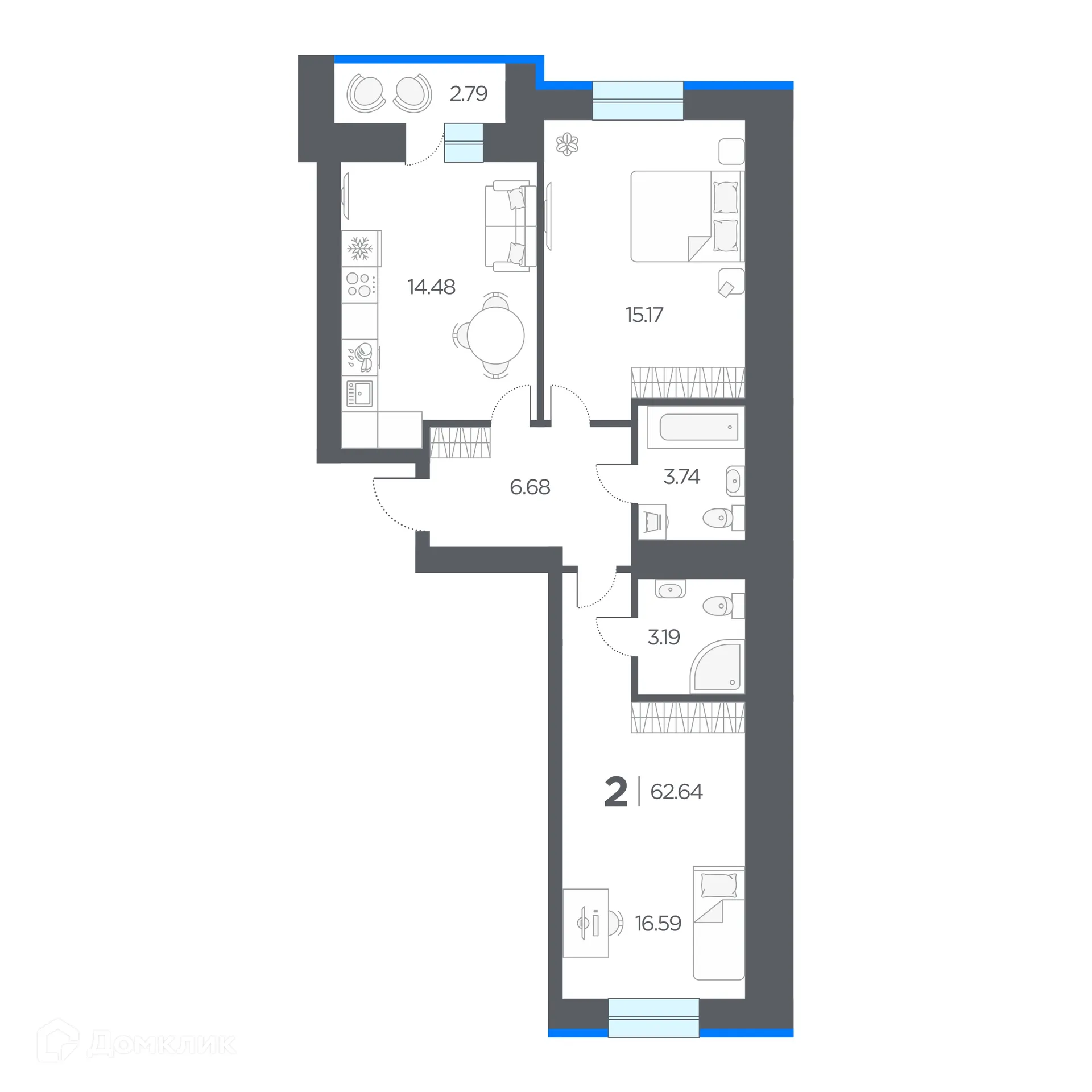 Планировка 2-комнатной квартиры 62.64 м² в ЖК ОГНИ, г. Дядьково — фото 4