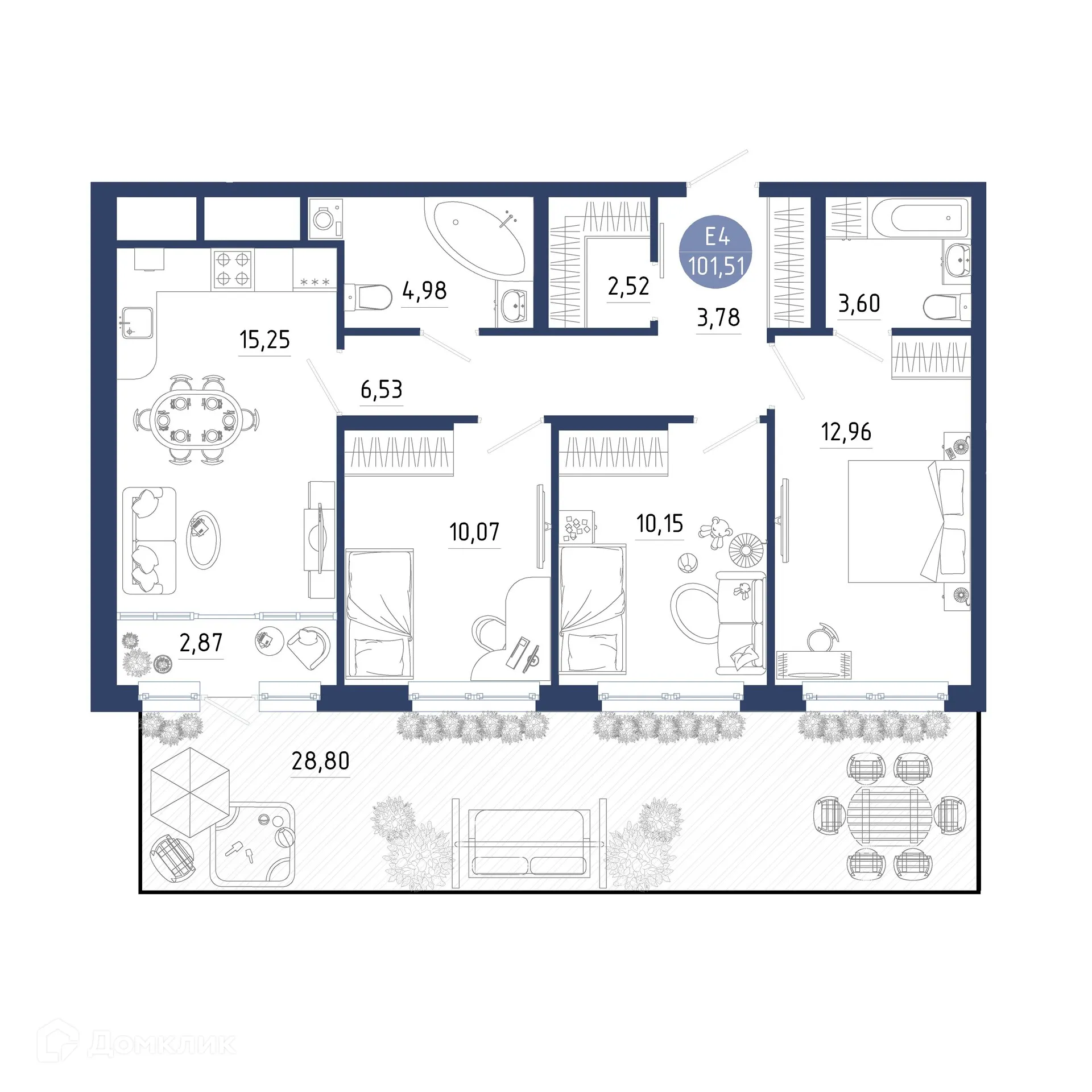 Планировка 3-комнатной квартиры 101.51 м² в ЖК Бульвар оптимистов, г. Дядьково — фото 1