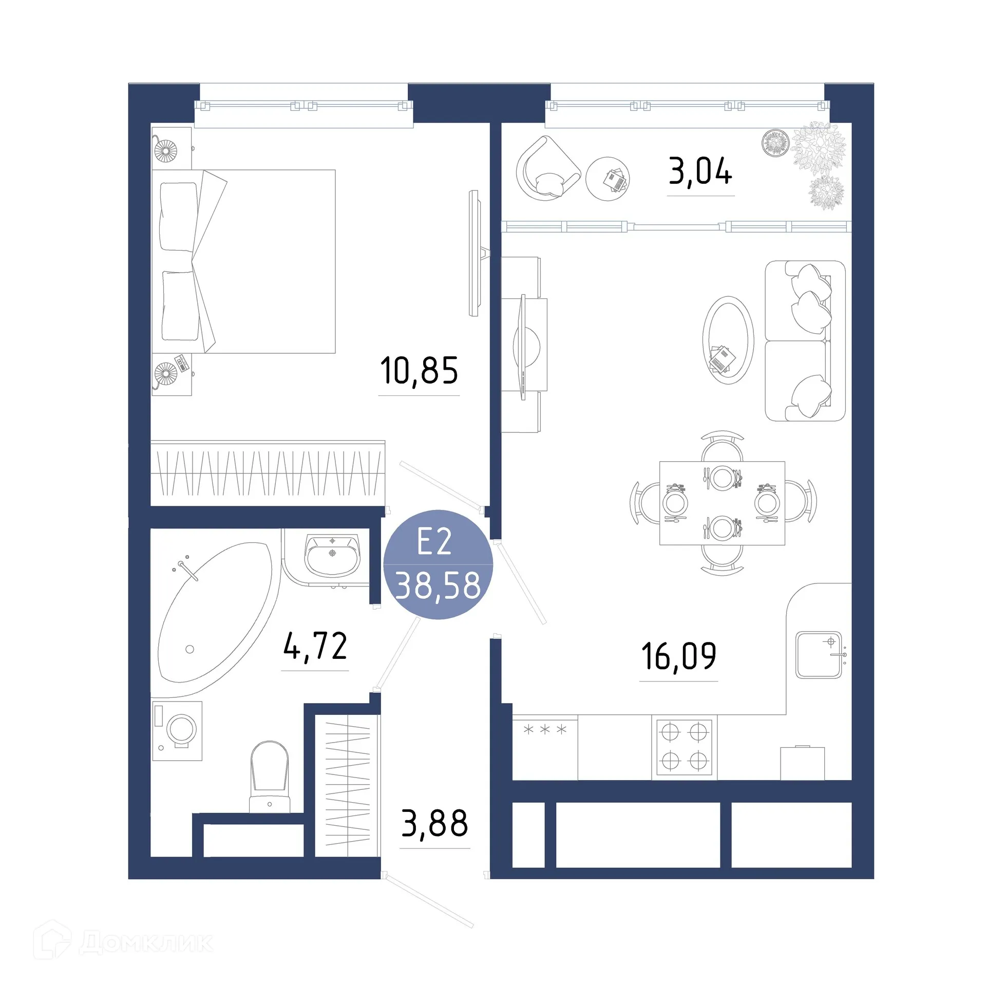 Планировка 1-комнатной квартиры 38.58 м² в ЖК Бульвар оптимистов, г. Дядьково — фото 1