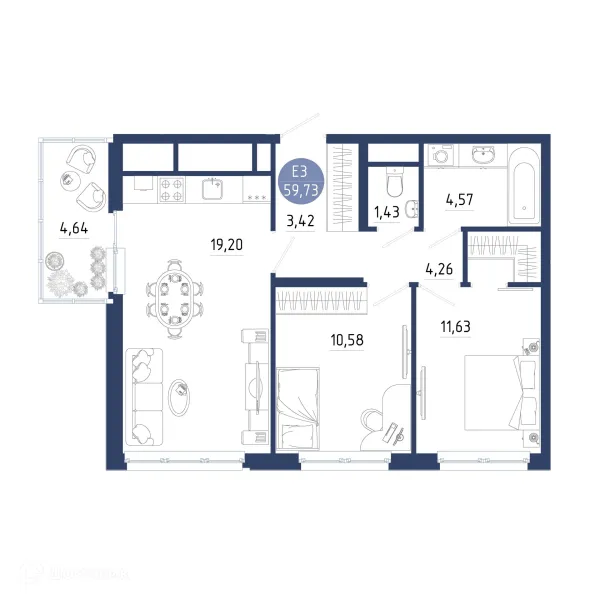 Планировка 2 комн. в ЖК Бульвар оптимистов