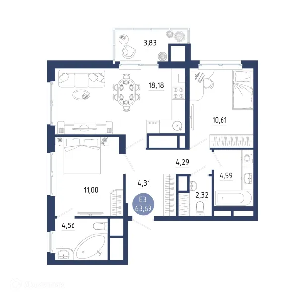 Планировка 2 комн. в ЖК Бульвар оптимистов